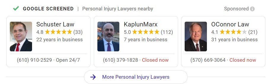 screenshot of local service ads for Philadelphia personal injury attorneys