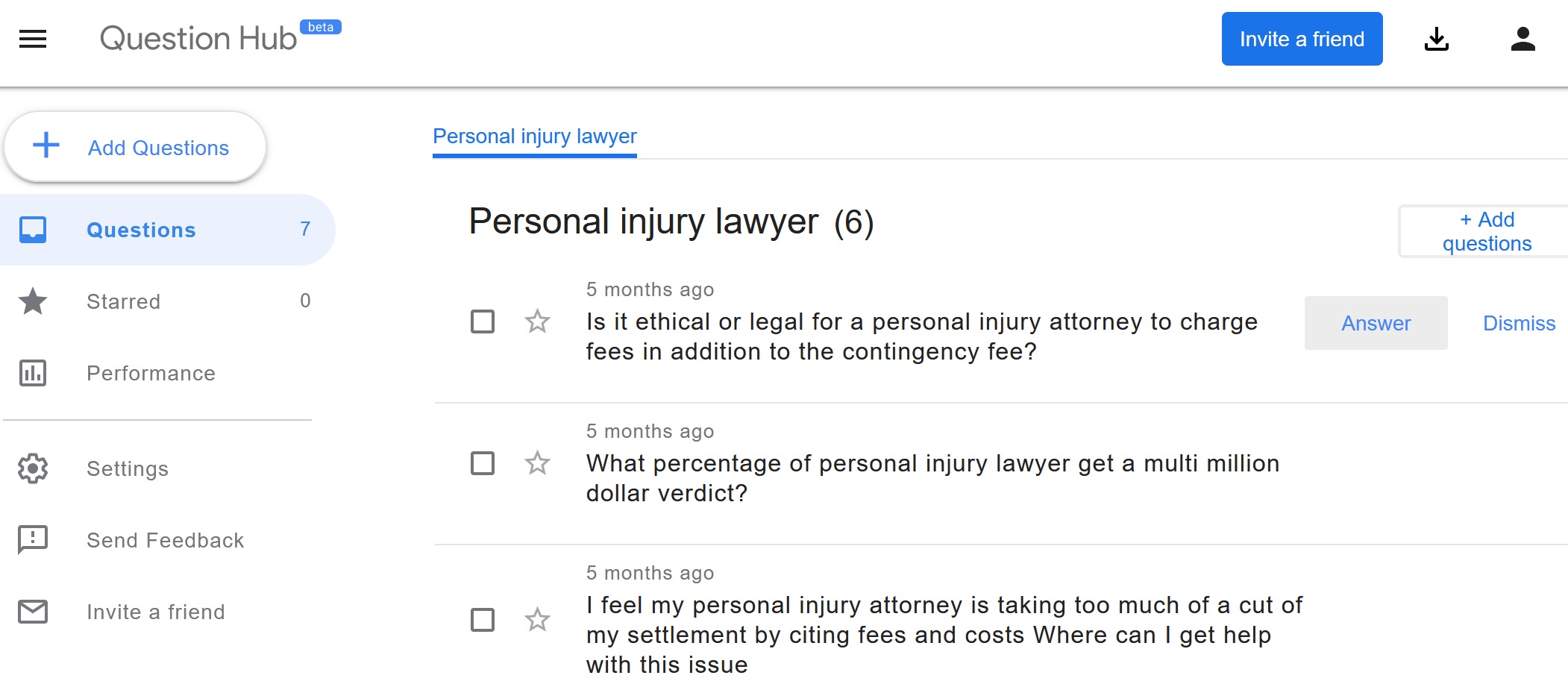 question hub personal injury screenshot