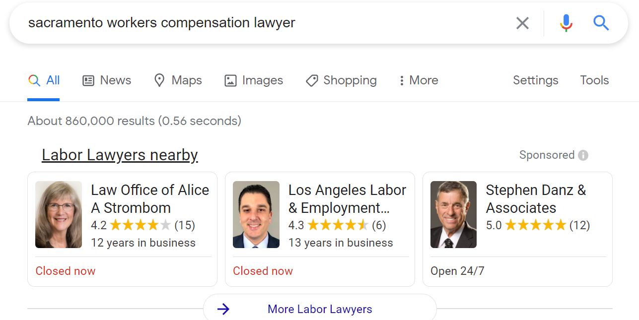 workers compensation lawyer local service ads screenshot