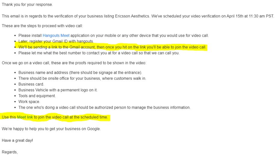 google my business video verification email