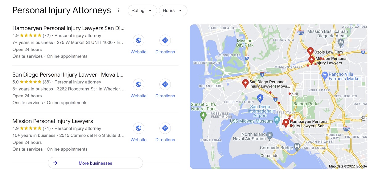 Screenshot of San Diego Law Firm Names in Google Local Search