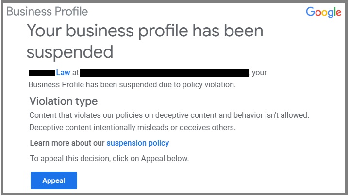 Suspended Google Business Page Example