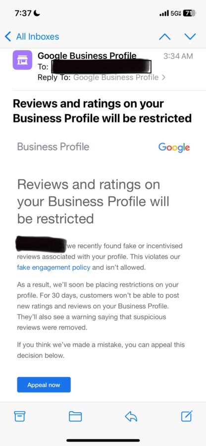 Reviews and ratings on your Business Profile will be restricted